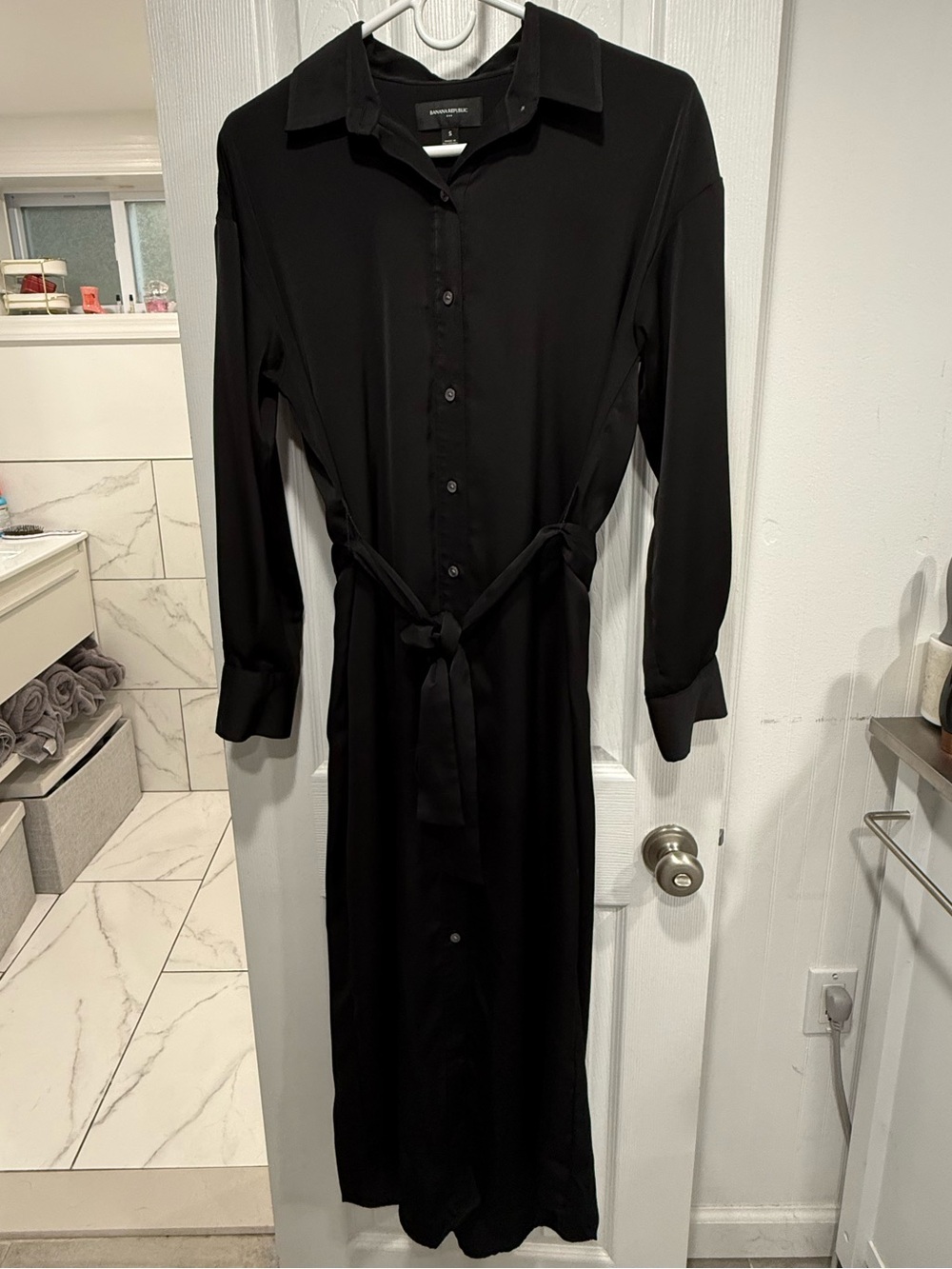 Banana Republic Black Long-Sleeve Shirt Dress with Waist Tie